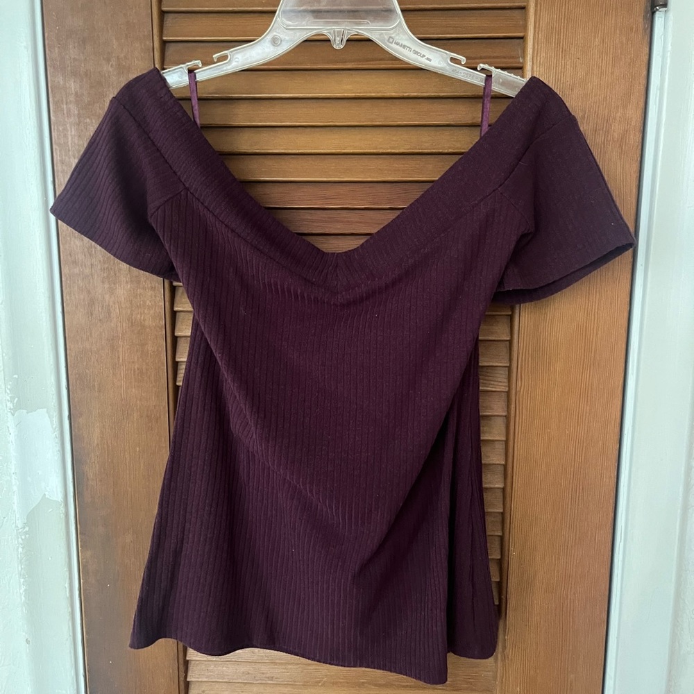 Burgundy ribbed stretchy off the shoulder top